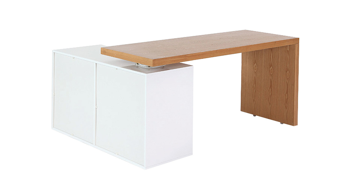Bureau modulable design blanc brillant et bois clair L160-235 cm NEW MAX