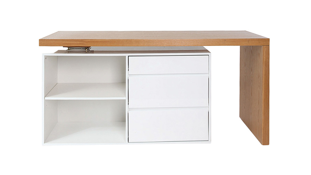 Bureau modulable design blanc brillant et bois clair L160-235 cm NEW MAX
