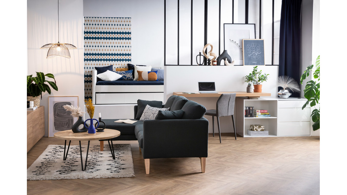 Bureau modulable design blanc brillant et bois clair L160-235 cm NEW MAX