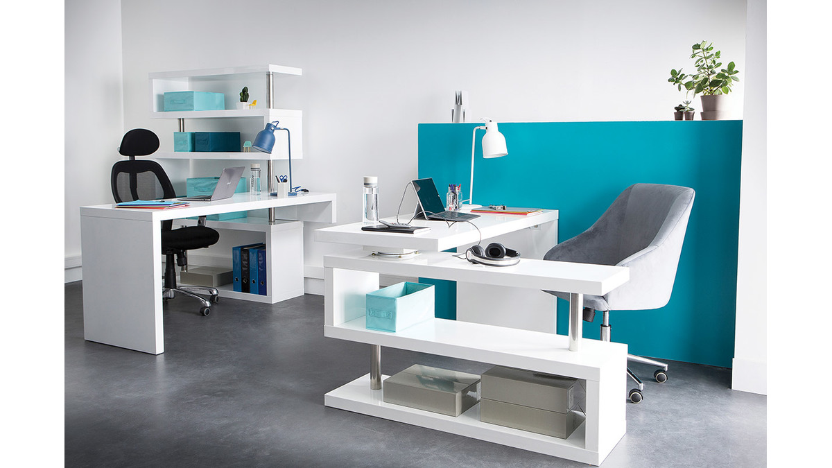 Bureau modulable design blanc laqu brillant L160-247 cm T-MAX