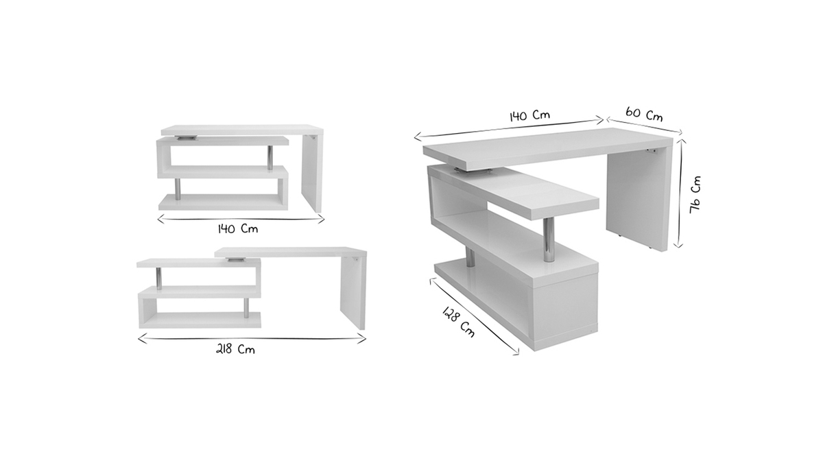 Bureau modulable design blanc laqu L140-218 cm MAX