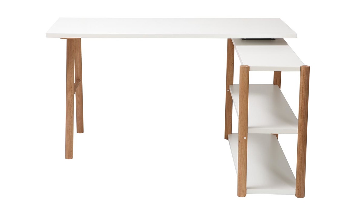 Bureau modulable scandinave blanc et bois chne massif L140-203 cm GILDA