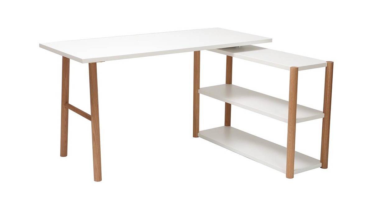 Bureau modulable scandinave blanc et bois chne massif L140-203 cm GILDA