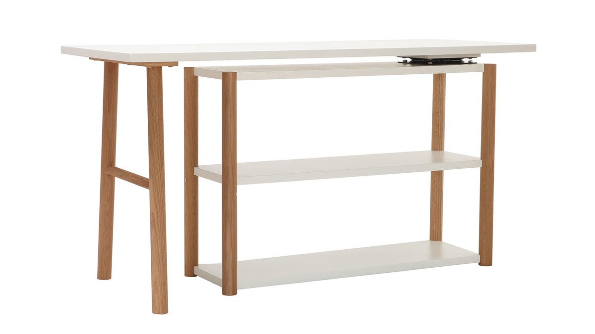 Bureau modulable scandinave blanc et bois chne massif L140-203 cm GILDA