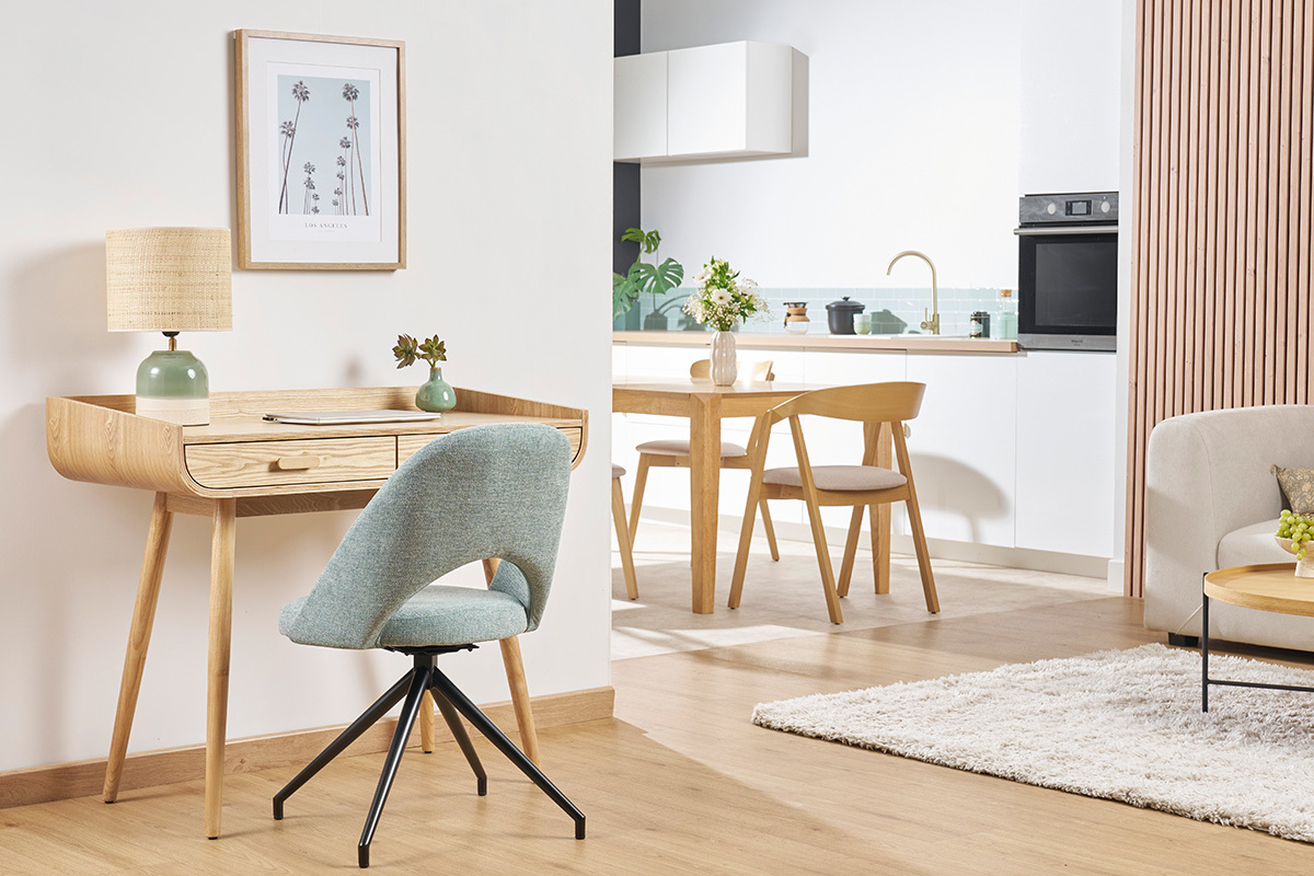 Bureau scandinave blanc et bois clair avec rangements 2 tiroirs L100 cm HALLEN