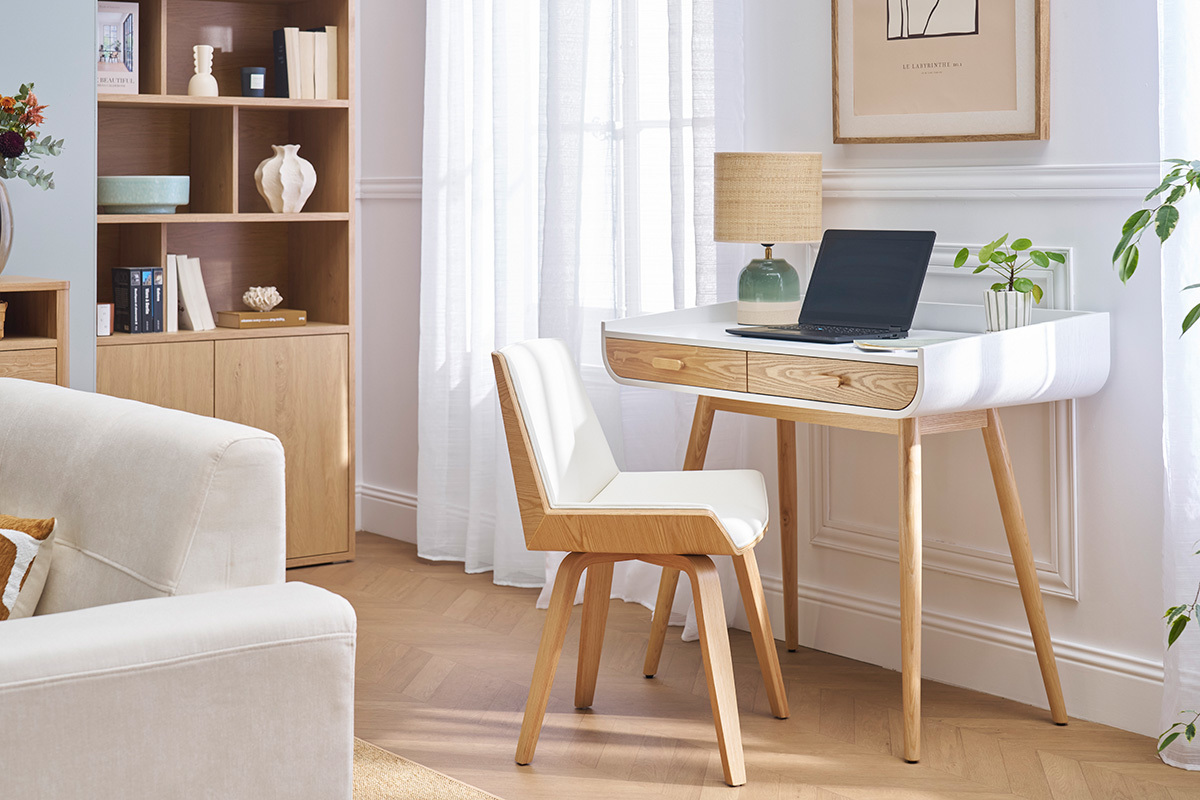 Bureau scandinave blanc et bois clair avec rangements 2 tiroirs L100 cm HALLEN