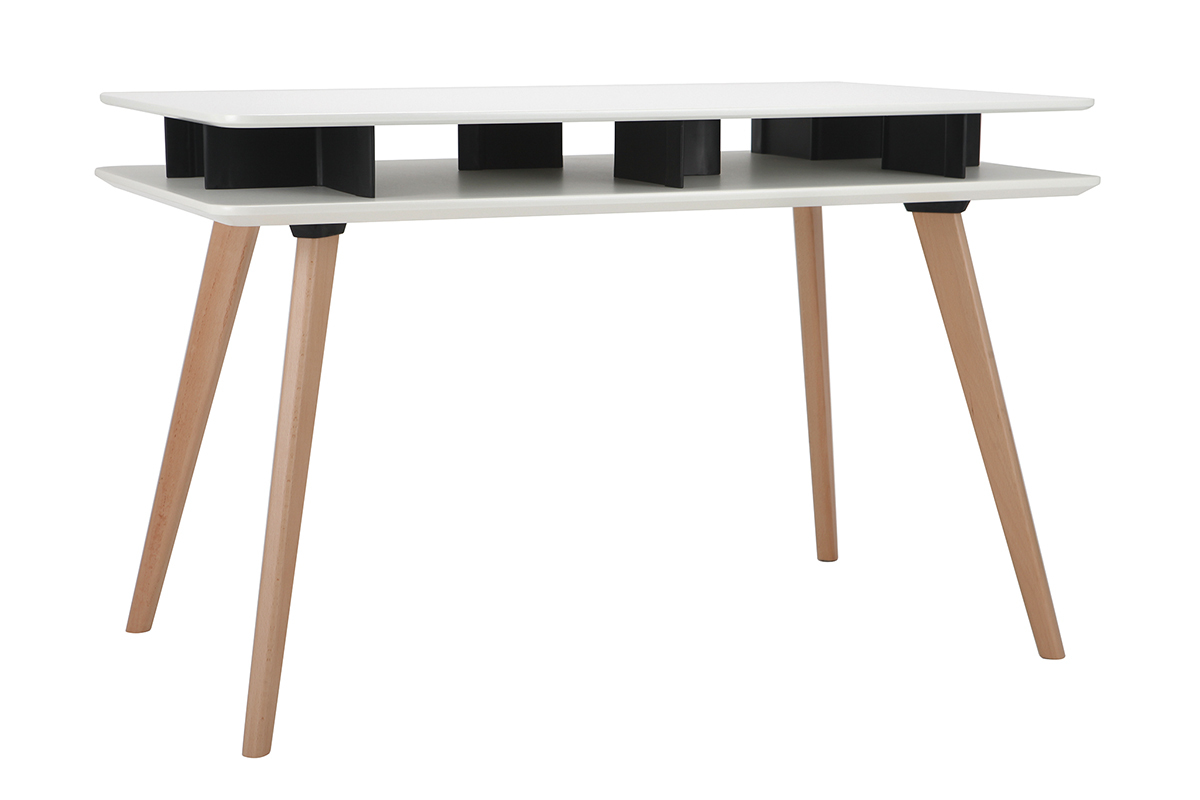 Bureau scandinave blanc et noir avec rangements et pieds en bois LEVY