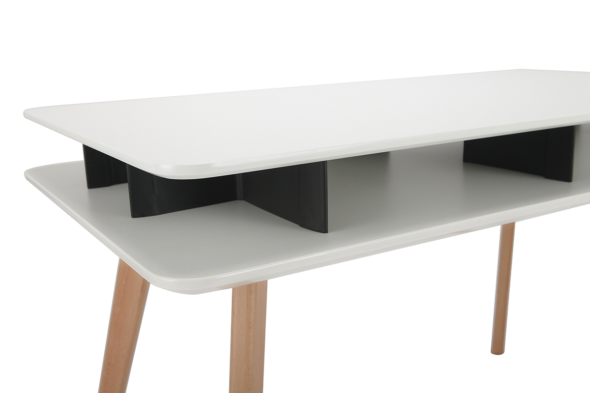 Bureau scandinave blanc et noir avec rangements et pieds en bois LEVY