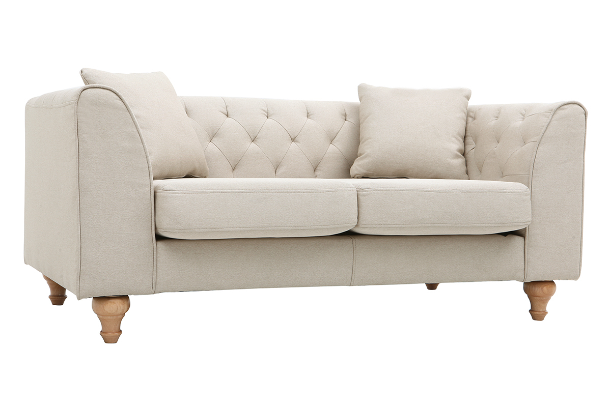Canap 2 places capitonn en tissu beige et bois clair MONTAIGNE