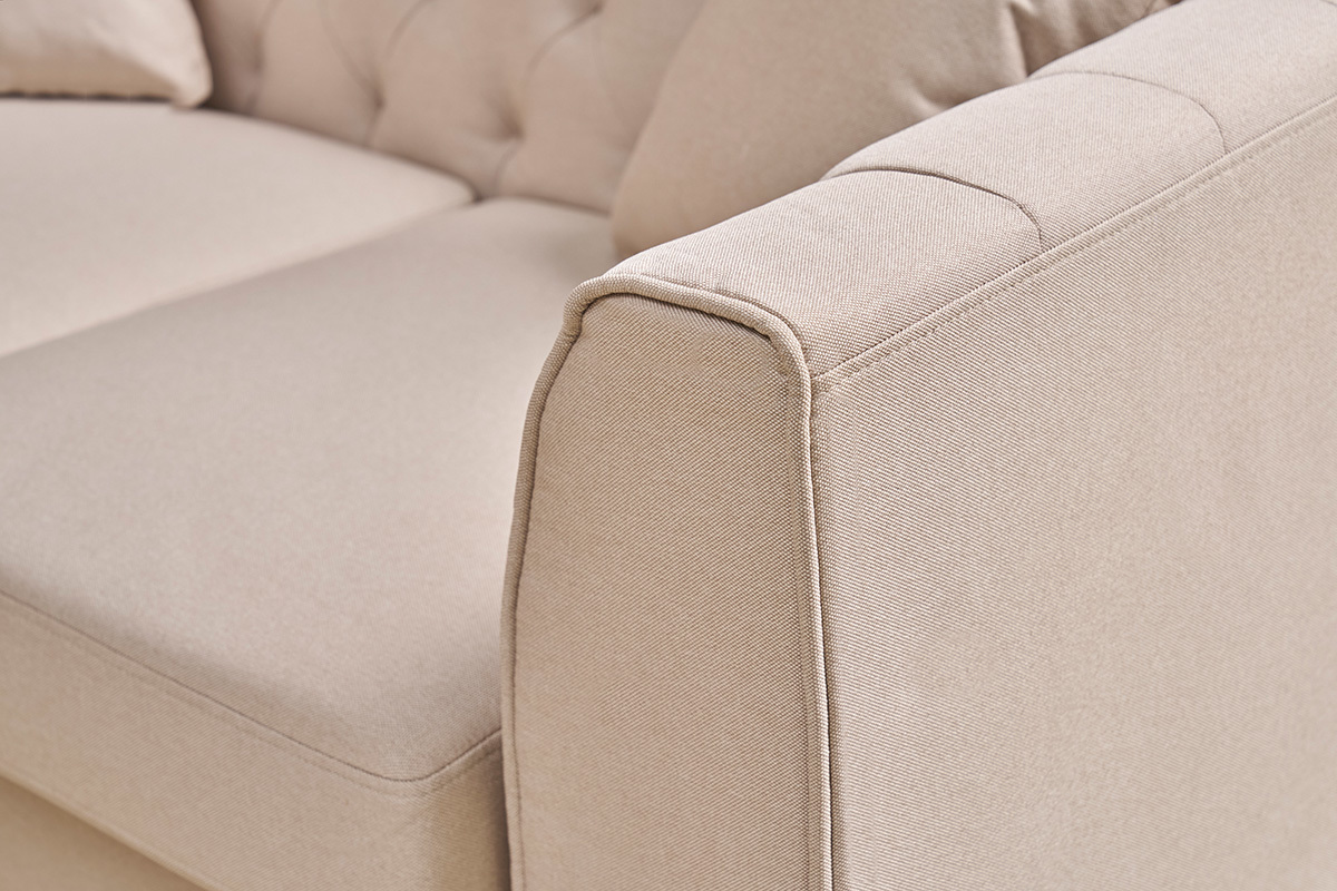 Canap 2 places capitonn en tissu beige et bois clair MONTAIGNE