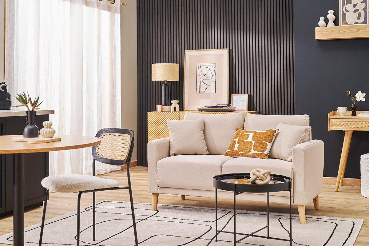 Canap 2 places en tissu beige et bois clair MUNIK