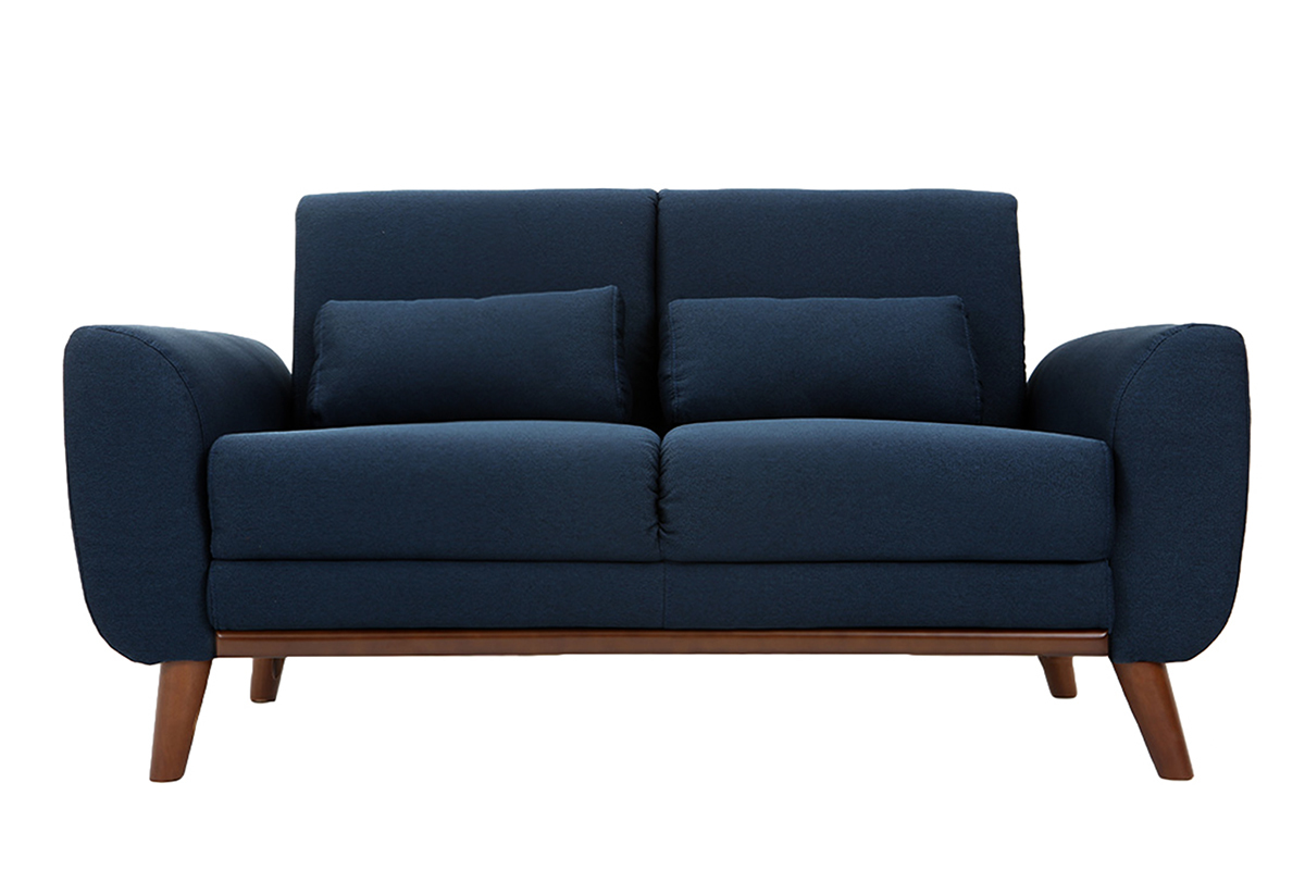 Canap 2 places en tissu bleu fonc et bois fonc EKTOR