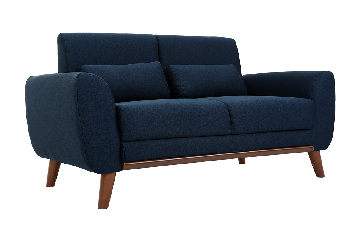Canap 2 places en tissu bleu fonc et bois fonc EKTOR