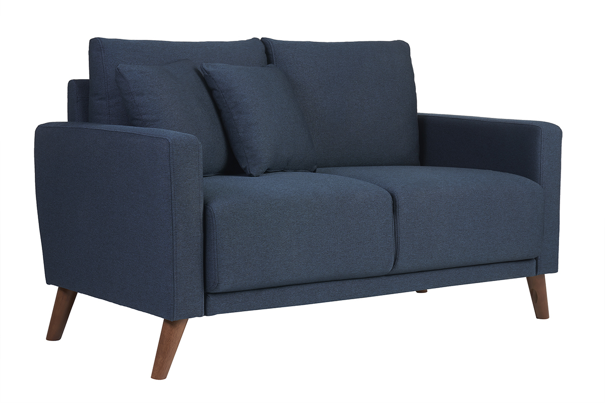 Canap 2 places en tissu bleu fonc et bois fonc MUNIK