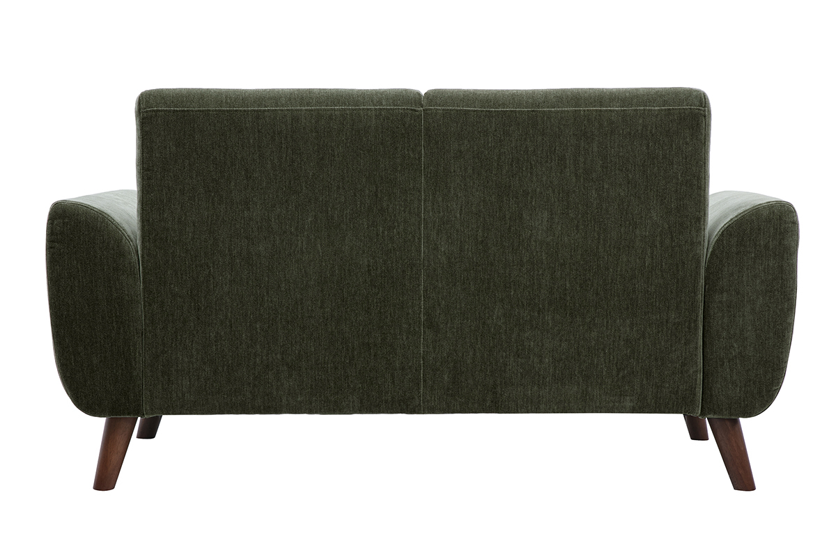 Canap� 2 places en tissu effet velours textur� vert kaki et bois fonc� EKTOR