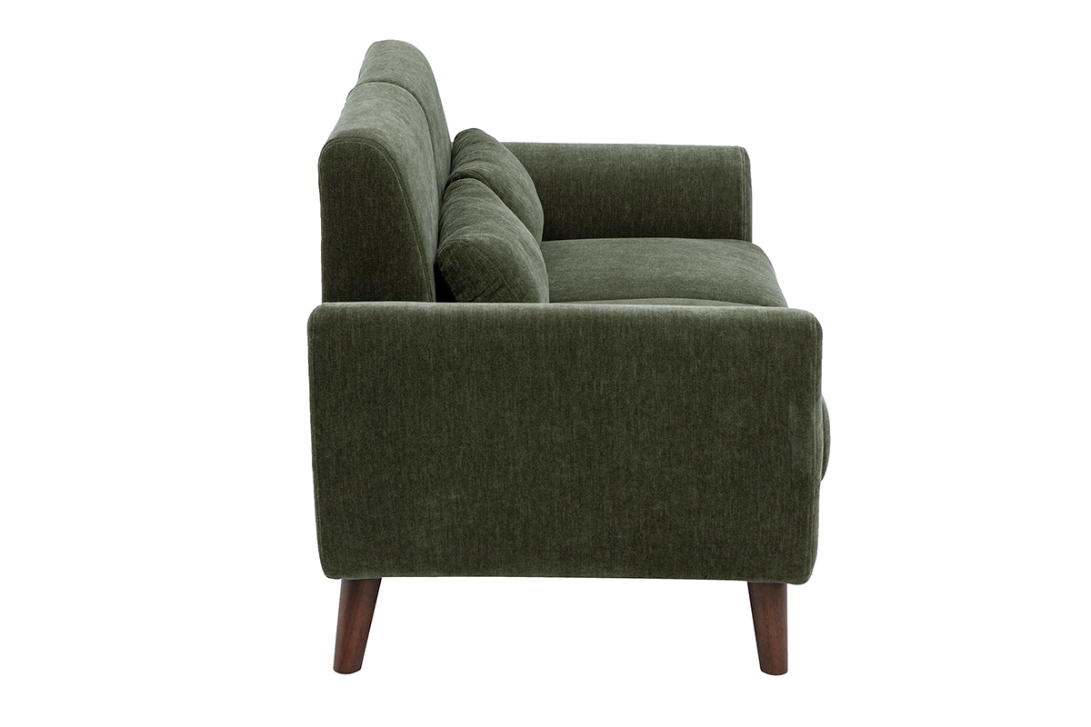 Canap� 2 places en tissu effet velours textur� vert kaki et bois fonc� EKTOR