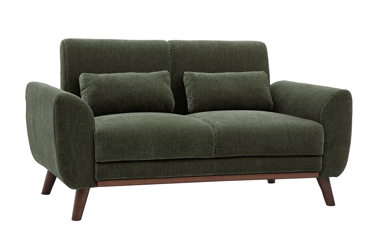 Canap� 2 places en tissu effet velours textur� vert kaki et bois fonc� EKTOR