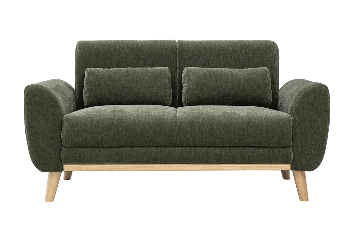 Canap� 2 places en tissu effet velours vert kaki et bois clair EKTOR