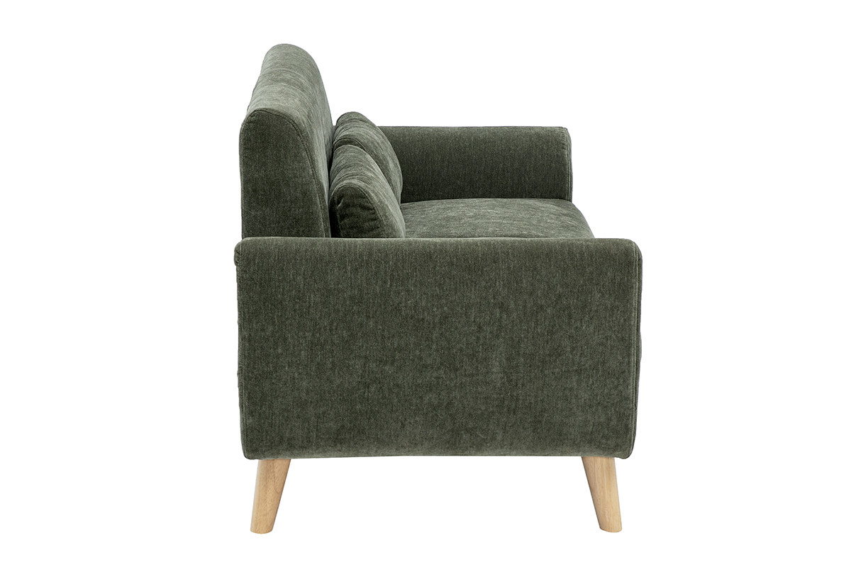 Canap� 2 places en tissu effet velours vert kaki et bois clair EKTOR