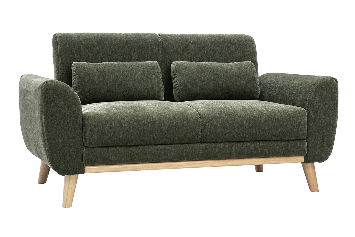Canap� 2 places en tissu effet velours vert kaki et bois clair EKTOR