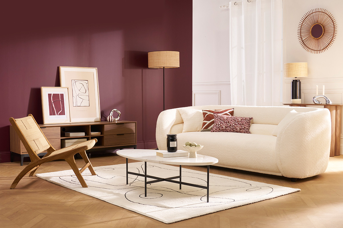 Canap 3-4 places en tissu bouclette blanc cass MOCHI
