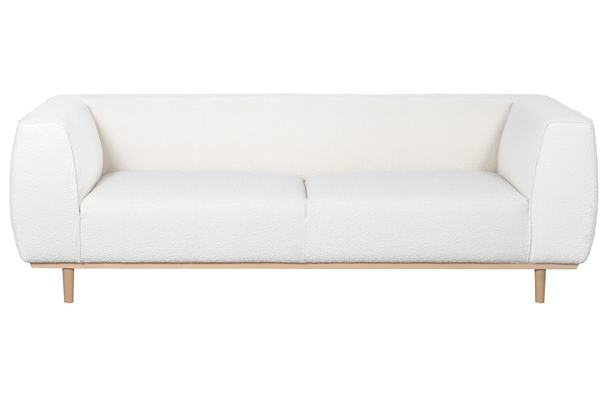 Canap 3-4 places scandinave en tissu effet laine boucle blanc cass et bois clair MORRIS