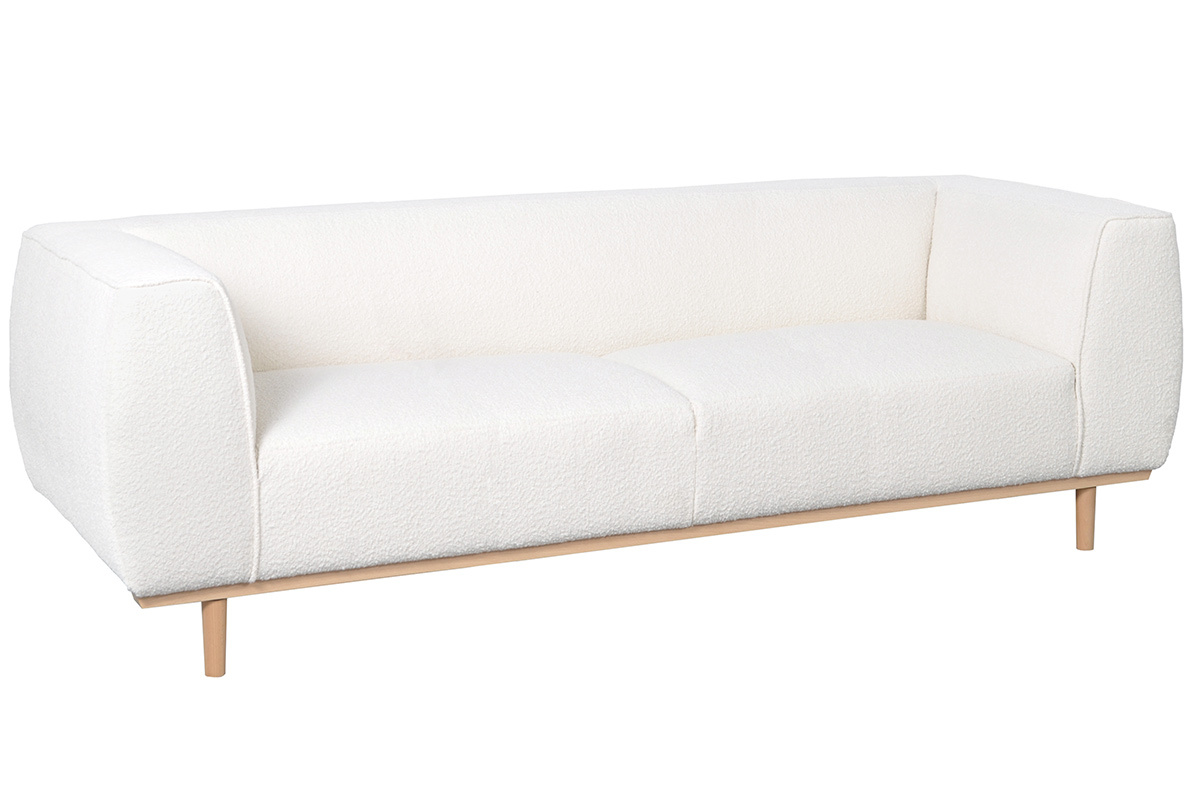 Canap 3-4 places scandinave en tissu effet laine boucle blanc cass et bois clair MORRIS