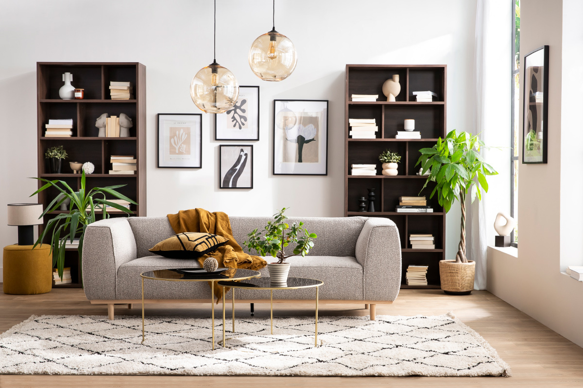 Canap 3-4 places scandinave en tissu effet laine boucle blanc cass et bois clair MORRIS
