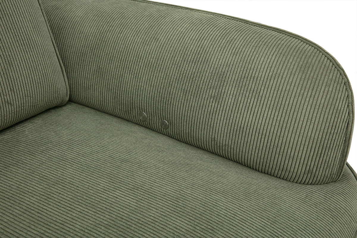 Canap� 3 places avance-recule �lectrique en tissu velours c�tel� vert kaki et bois fonc� OTIS