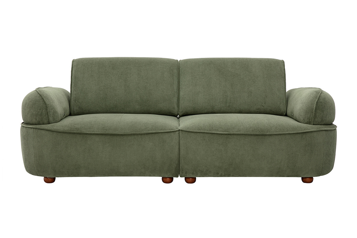 Canap� 3 places avance-recule �lectrique en tissu velours c�tel� vert kaki et bois fonc� OTIS