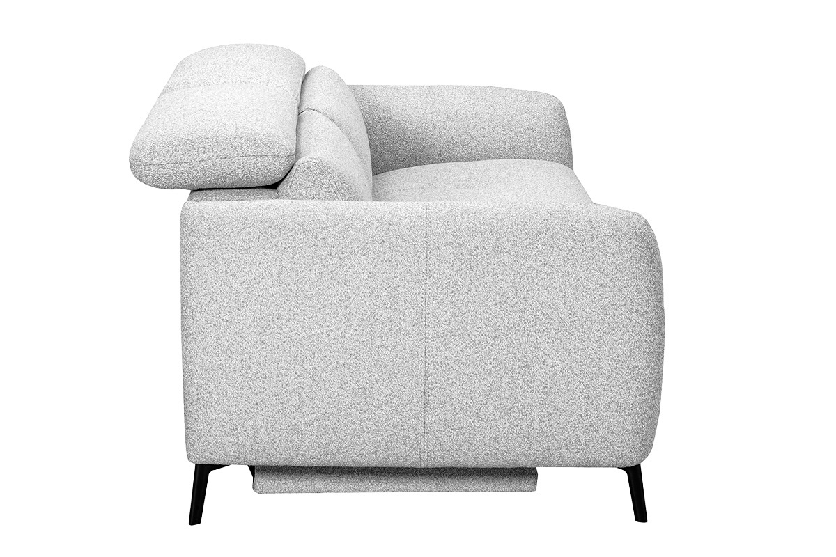 Canap� 3 places avec t�ti�res ajustables et repose-pieds �lectrique en tissu effet velours textur� gris clair et m�tal TIGNES
