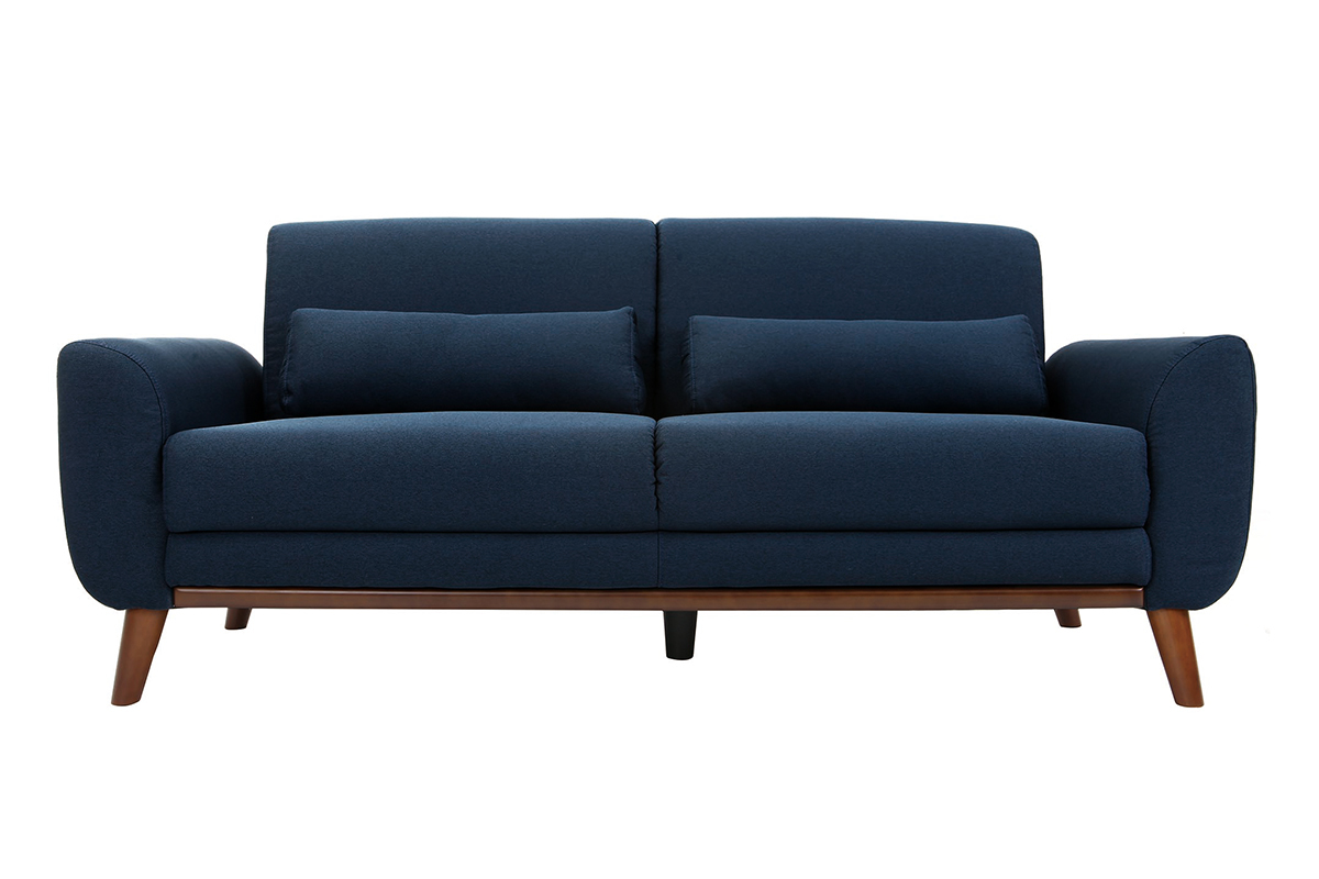 Canap 3 places en tissu bleu fonc et bois fonc EKTOR