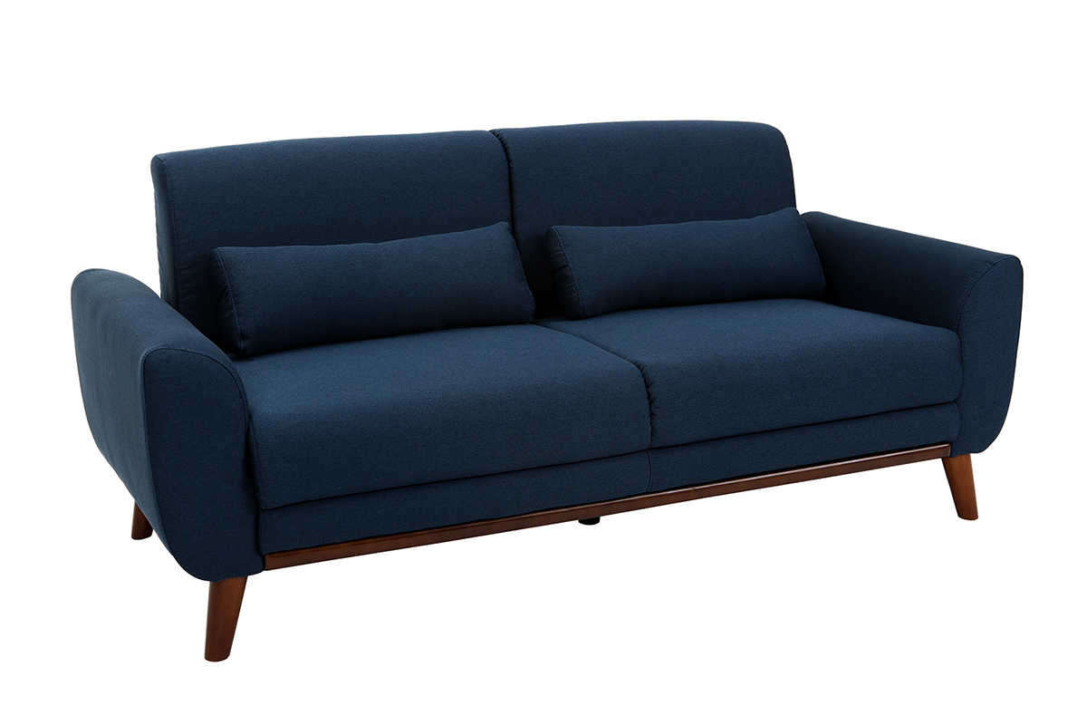 Canap 3 places en tissu bleu fonc et bois fonc EKTOR