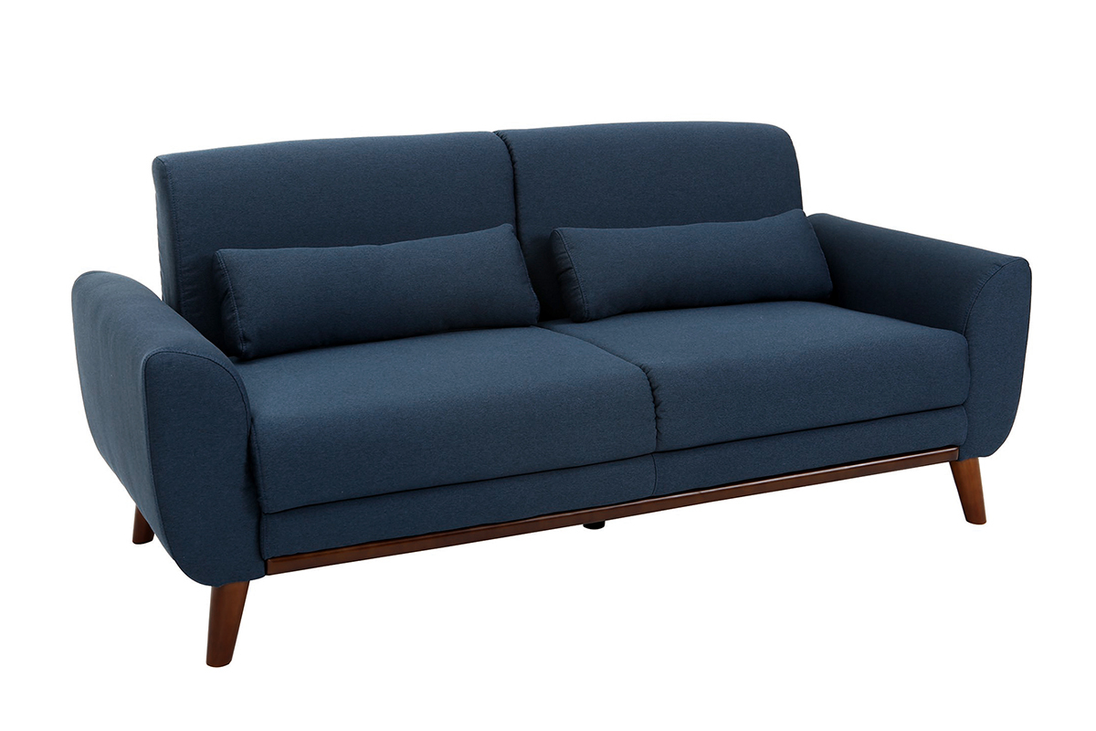 Canap 3 places en tissu bleu fonc et bois fonc EKTOR