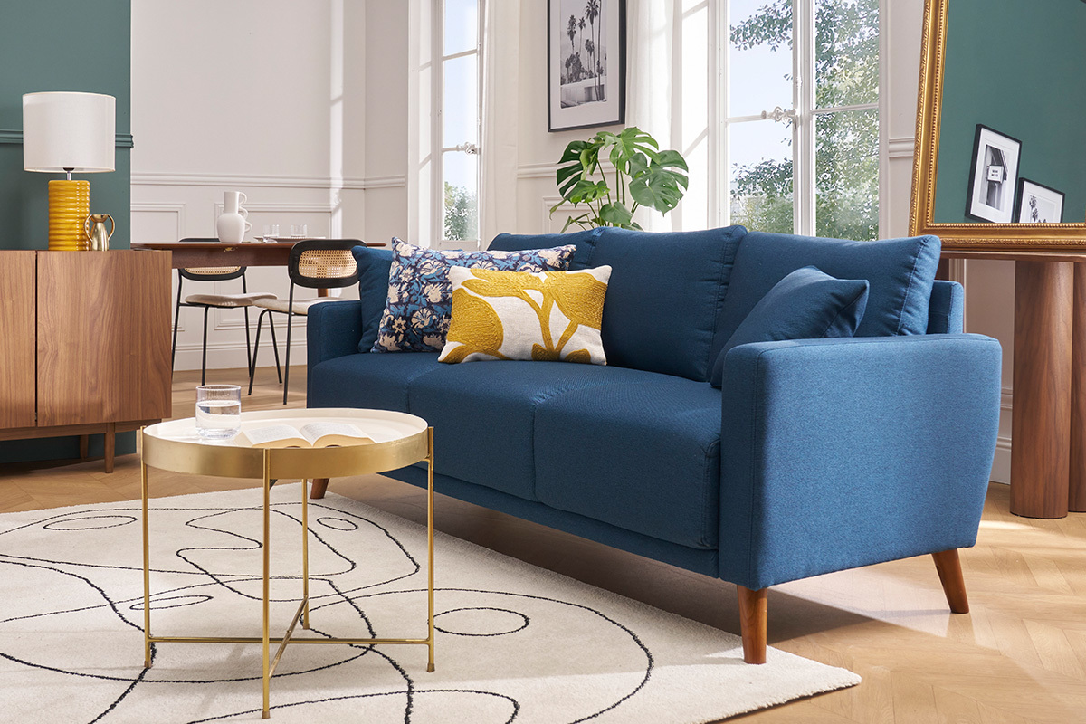 Canap 3 places en tissu bleu fonc et bois fonc MUNIK