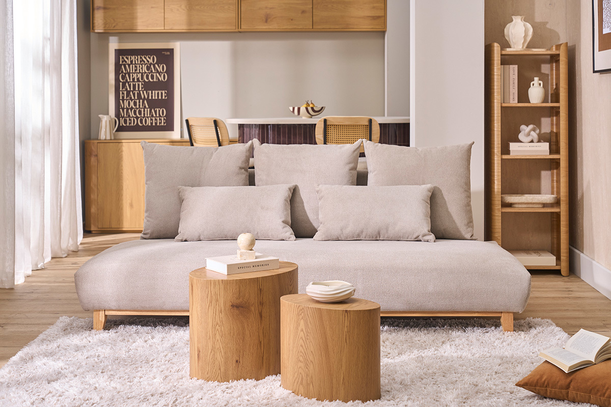 Canap� 3 places en tissu chenille beige et bois clair L201 cm BASTILLE