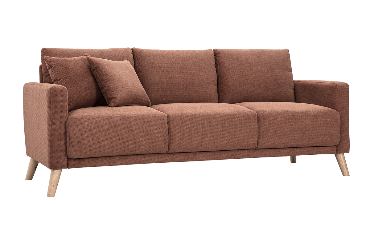 Canap� 3 places en tissu chenille terre br�l�e et bois clair MUNIK