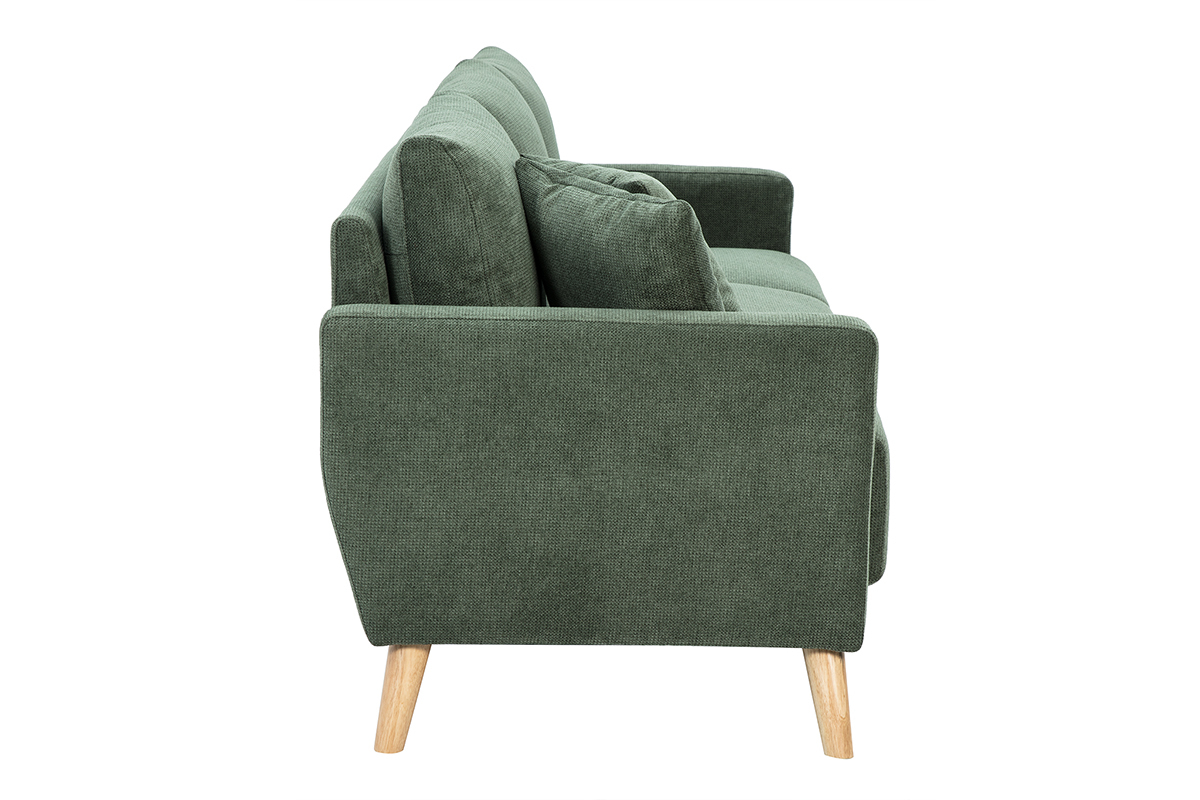 Canap� 3 places en tissu chenille vert kaki et bois clair MUNIK