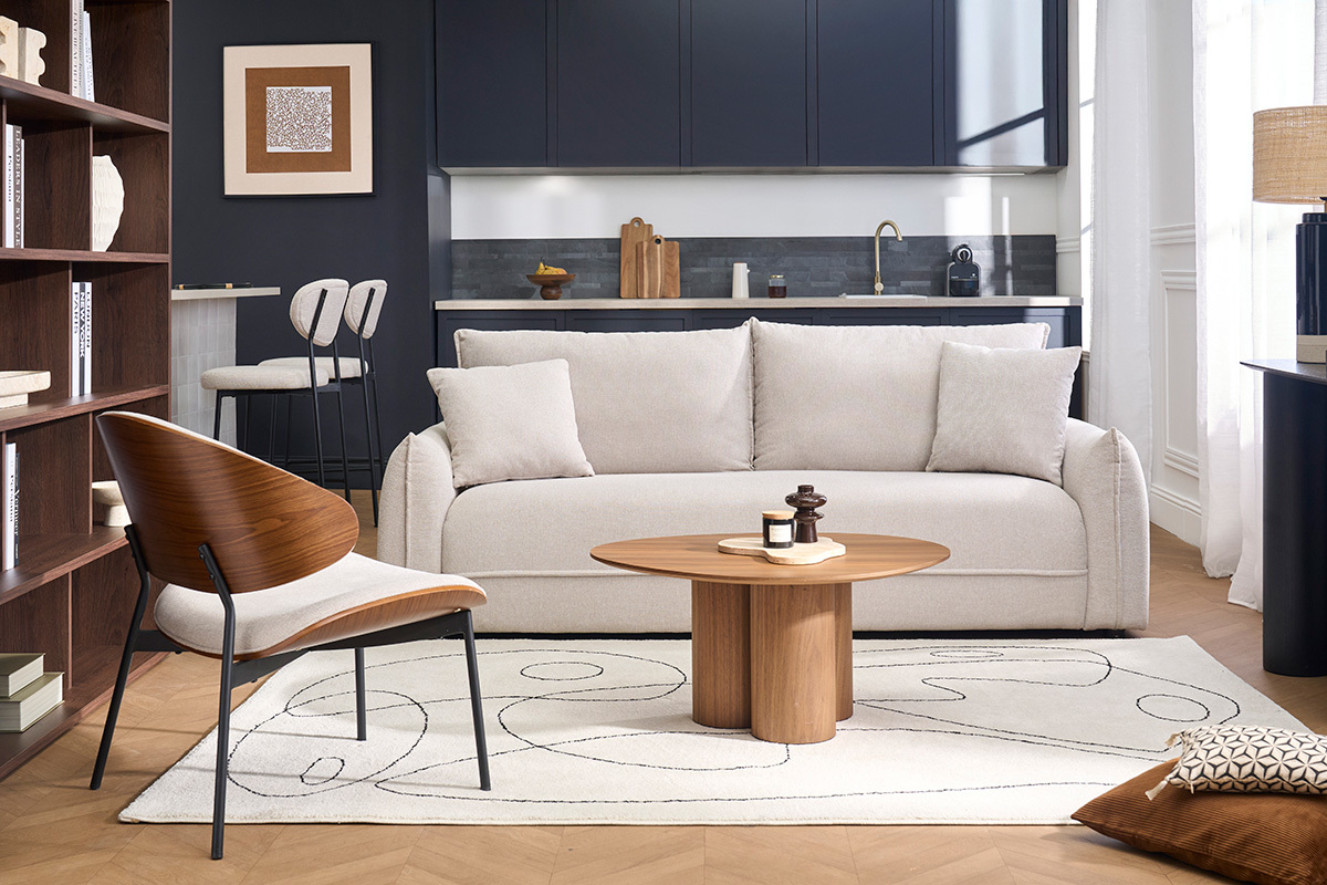 Canap� 3 places en tissu effet velours textur� beige PIO