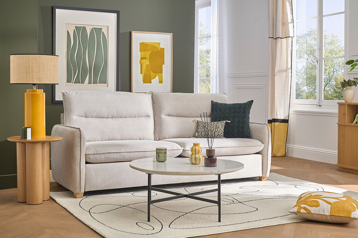 Canap� 3 places en tissu effet velours textur� beige RENZO