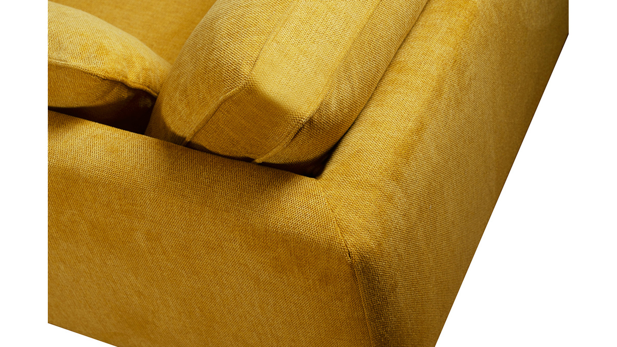 Canap 3 places en tissu effet velours textur jaune cumin et bois clair HARRISON