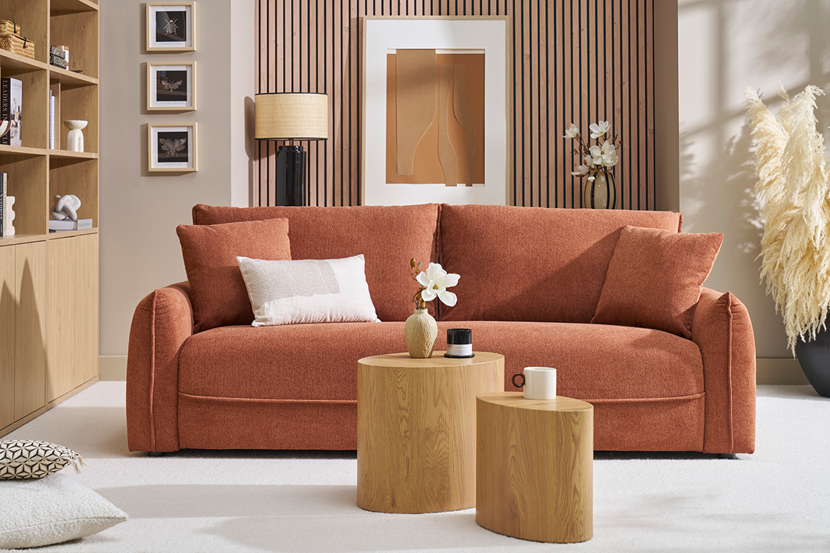 Canap 3 places en tissu effet velours textur terre brle PIO