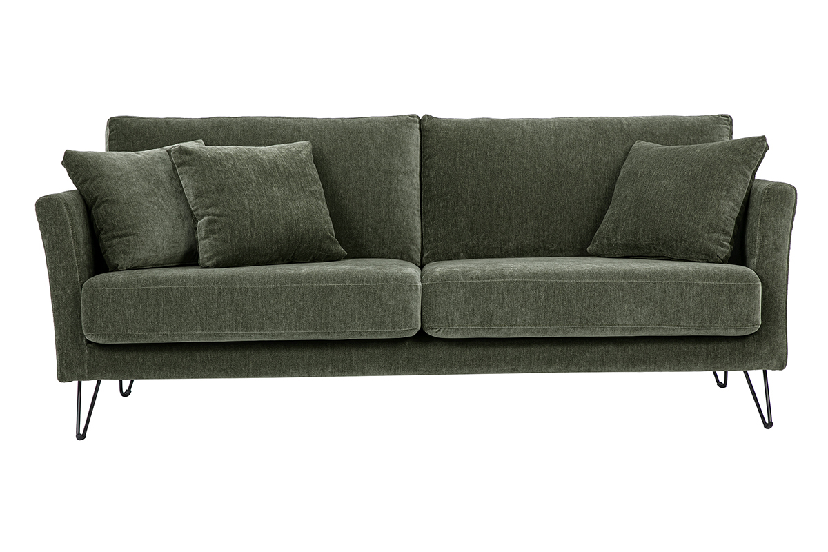 Canap� 3 places en tissu effet velours vert kaki et m�tal OSLO