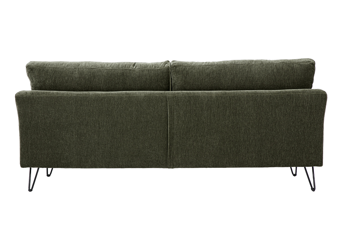 Canap� 3 places en tissu effet velours vert kaki et m�tal OSLO