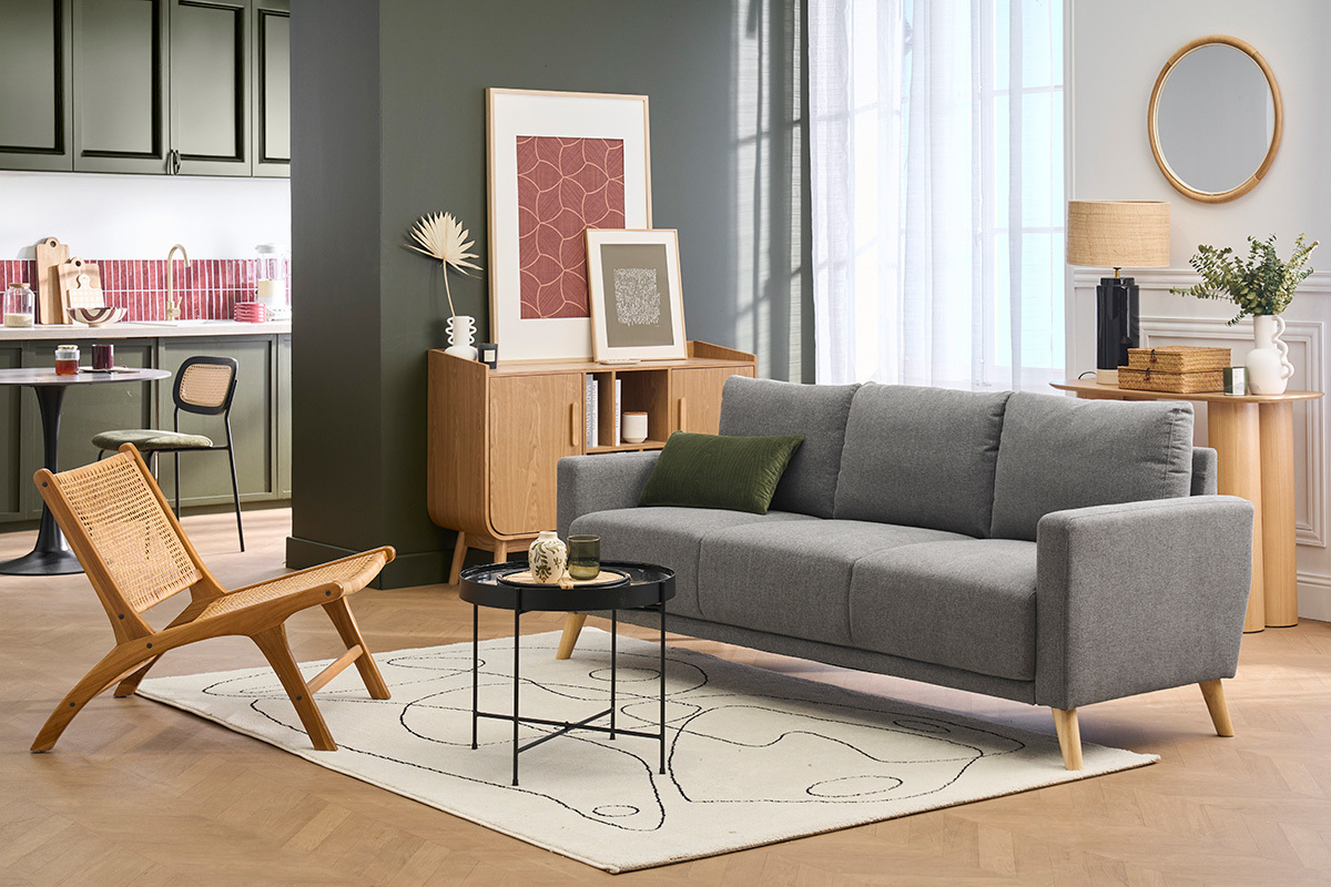 Canap� 3 places en tissu gris et bois clair MUNIK