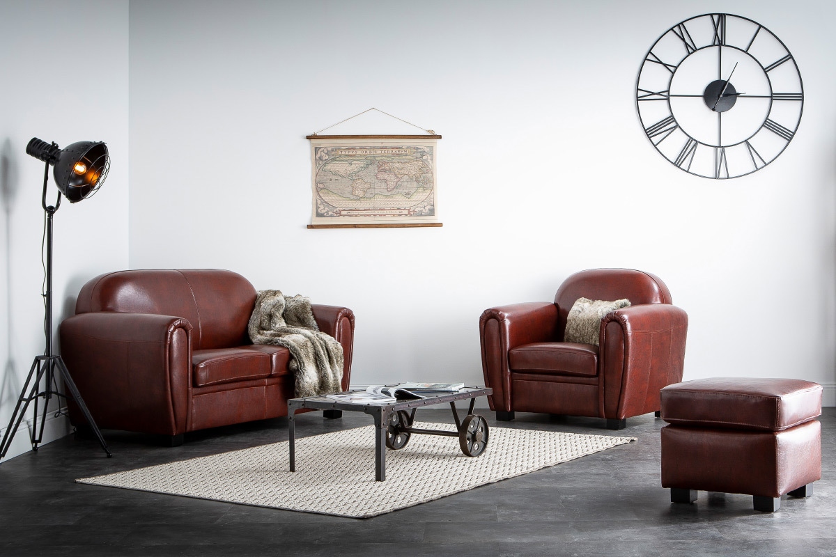 Canap Club cuir marron clair 2 places - cuir de vachette