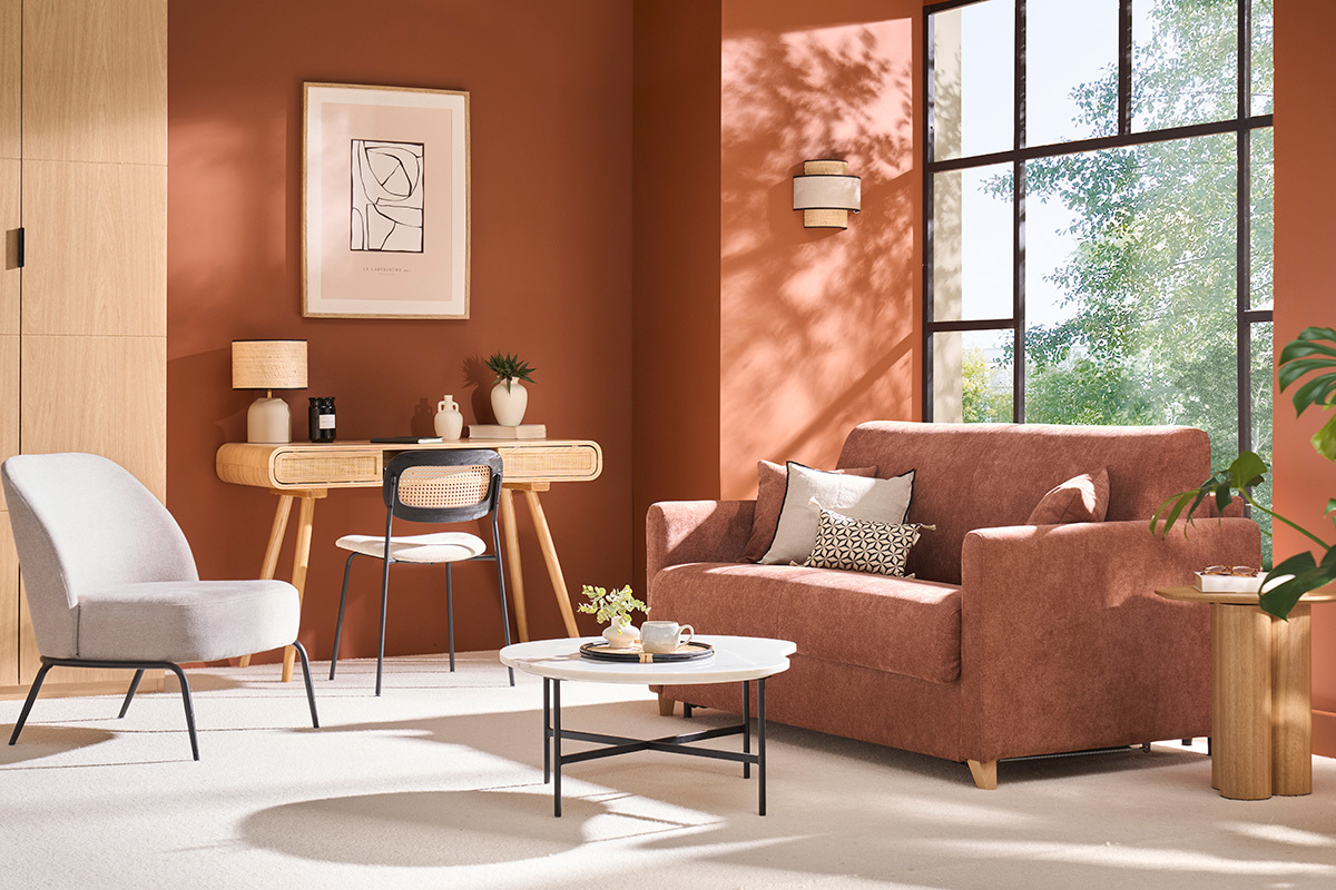 Canap convertible 2-3 places en tissu effet velours terre brle et bois clair avec matelas 13 cm SKANDY