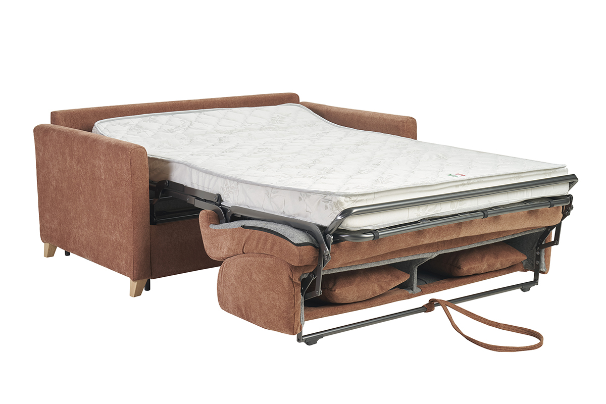 Canap convertible 2-3 places en tissu effet velours terre brle et bois clair avec matelas 13 cm SKANDY