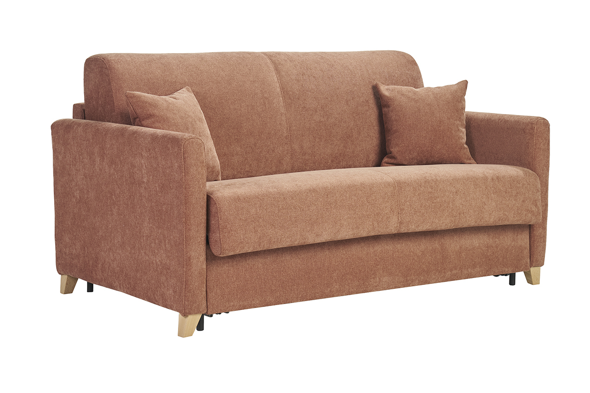 Canap convertible 2-3 places en tissu effet velours terre brle et bois clair avec matelas 13 cm SKANDY
