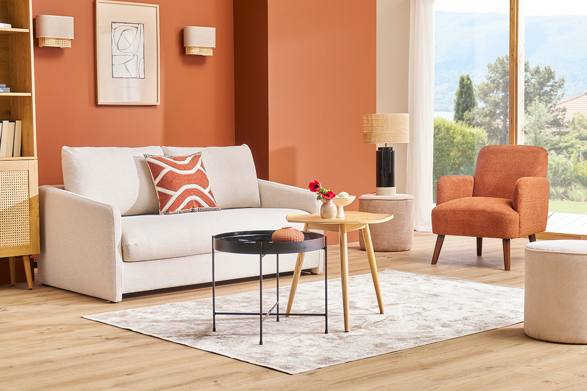Canap convertible 2 places en tissu beige crme PAULIN